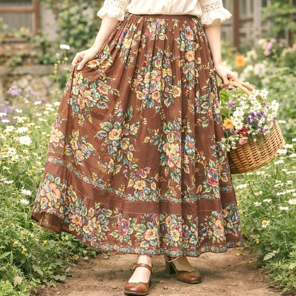 April Cornell Dresses & Skirts - April Cornell Maxi Skirt S Scarborough Georgette Brown Floral Border Cottagecore